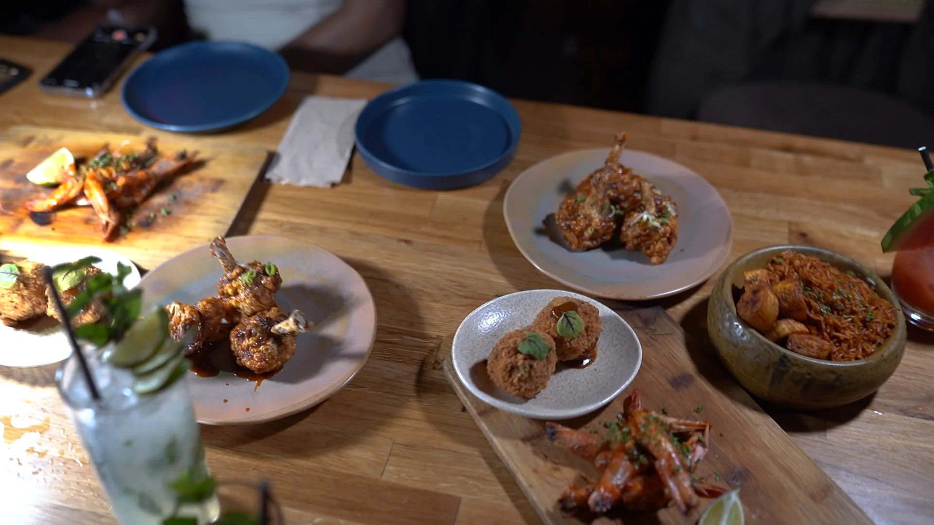 Food and cocktails shared at Monika