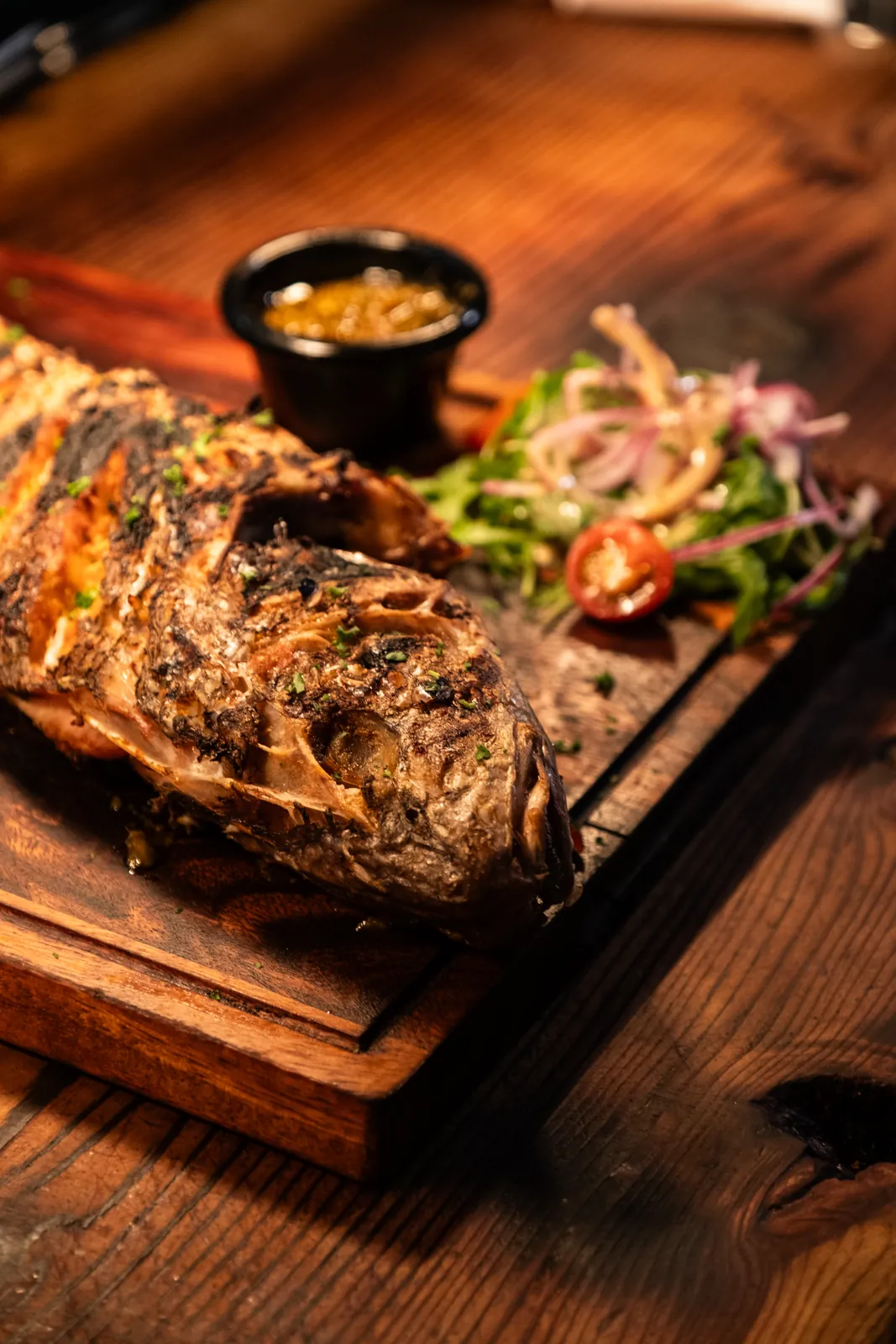 Chargrilled food with sauce and fresh garnish