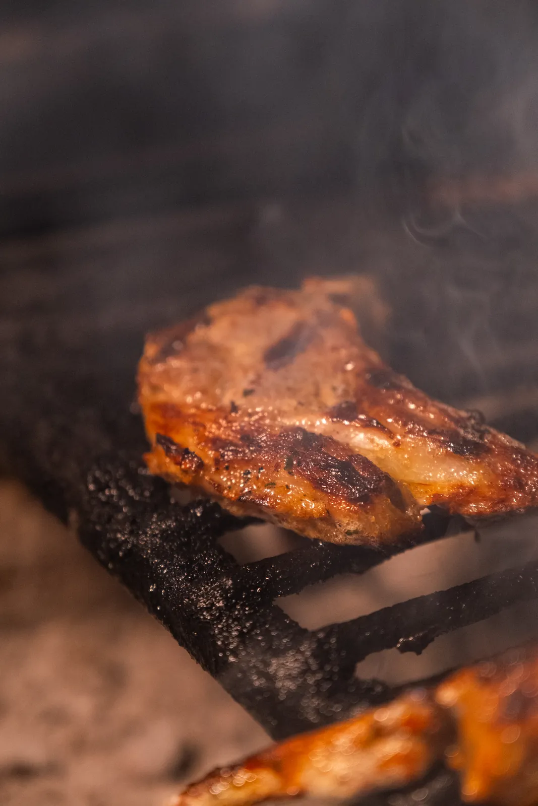 Food sizzling over the charcoal grill